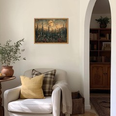 Framed Vintage Forest Moon Canvas Art – Nature-Inspired 12×16 Wall Decor