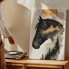Black Horse Canvas Wall Art With Mountain And Forest Landscape Abstract Print