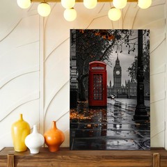 London Street Red Telephone Booth Clock Tower Rainy City Wall Art Poster Print