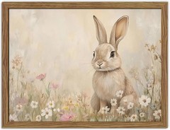Easter Wall Art Poster Print, Rabbit in Spring Meadow with Flowers Canvas, Cotta
