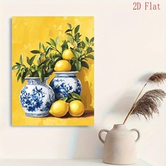 Blue and White Vases with Lemons Canvas Wall Art, Kitchen Home Decor