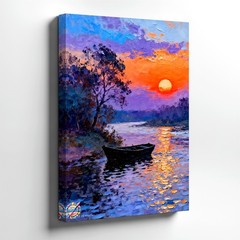 Wall Art Sunset Lake Boat Painting Colorful Landscape Canvas Print Home Decor