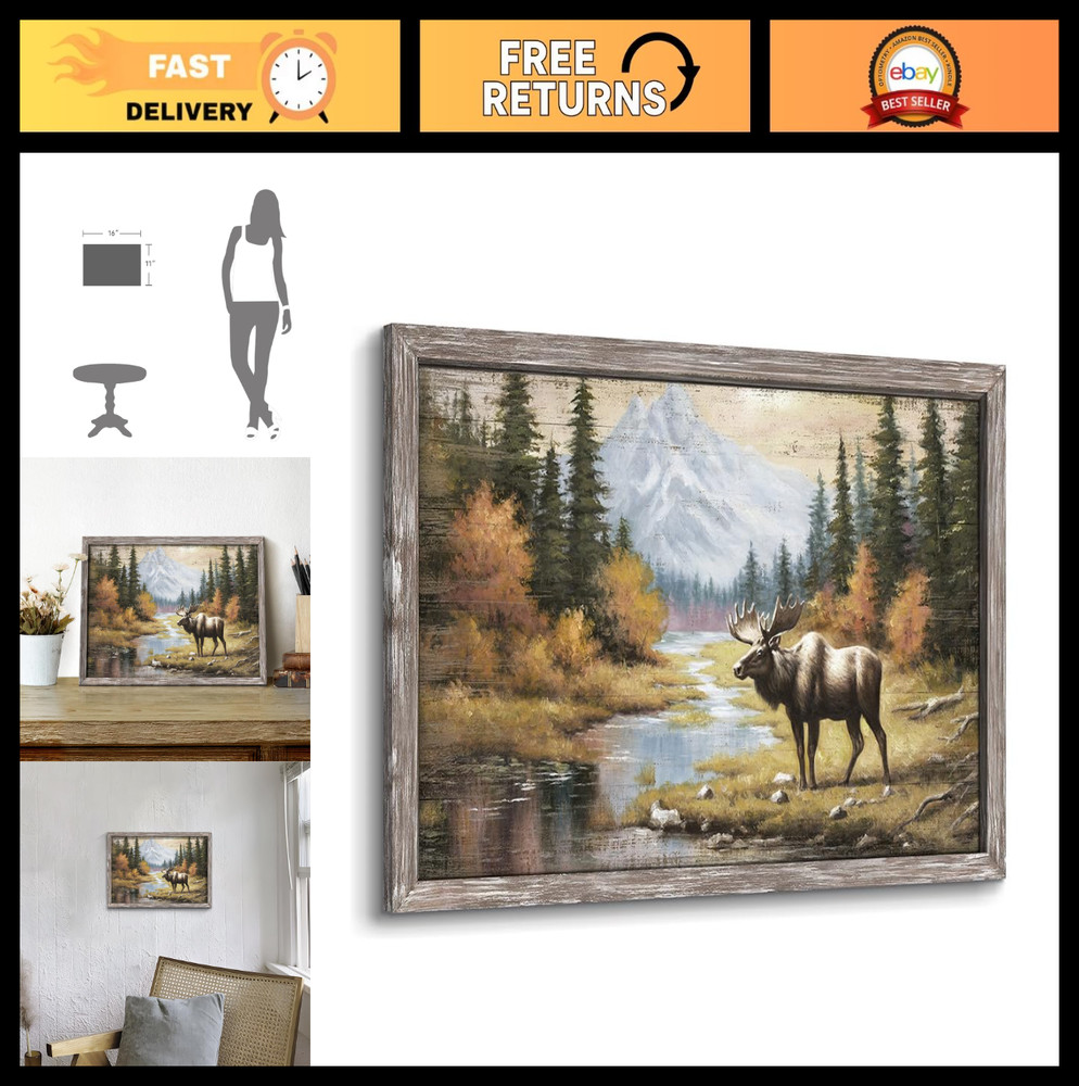Framed Wildlife Art Print: Majestic Moose in Forest – Rustic Elk & Deer Decor