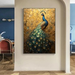 Vintage Golden Peacock Canvas Painting Vibrant Blue And Green Feathers Wall Art