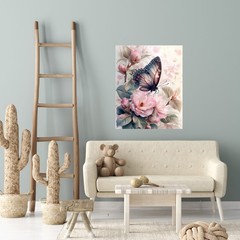 16×20 Butterfly and Pink Cabbage Rose Floral Canvas Print Wall Art