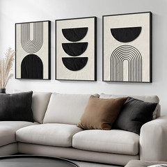 Framed Boho Wall Art for Living Room, Large 3 Piece Neutral Geometric Black and