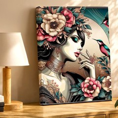 Wall Art Art Nouveau Woman Floral Portrait with Hummingbirds Decorative Print