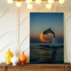 Wall Art Dolphin Jumping Over Crescent Moon Ocean Sunset Surreal Poster Print