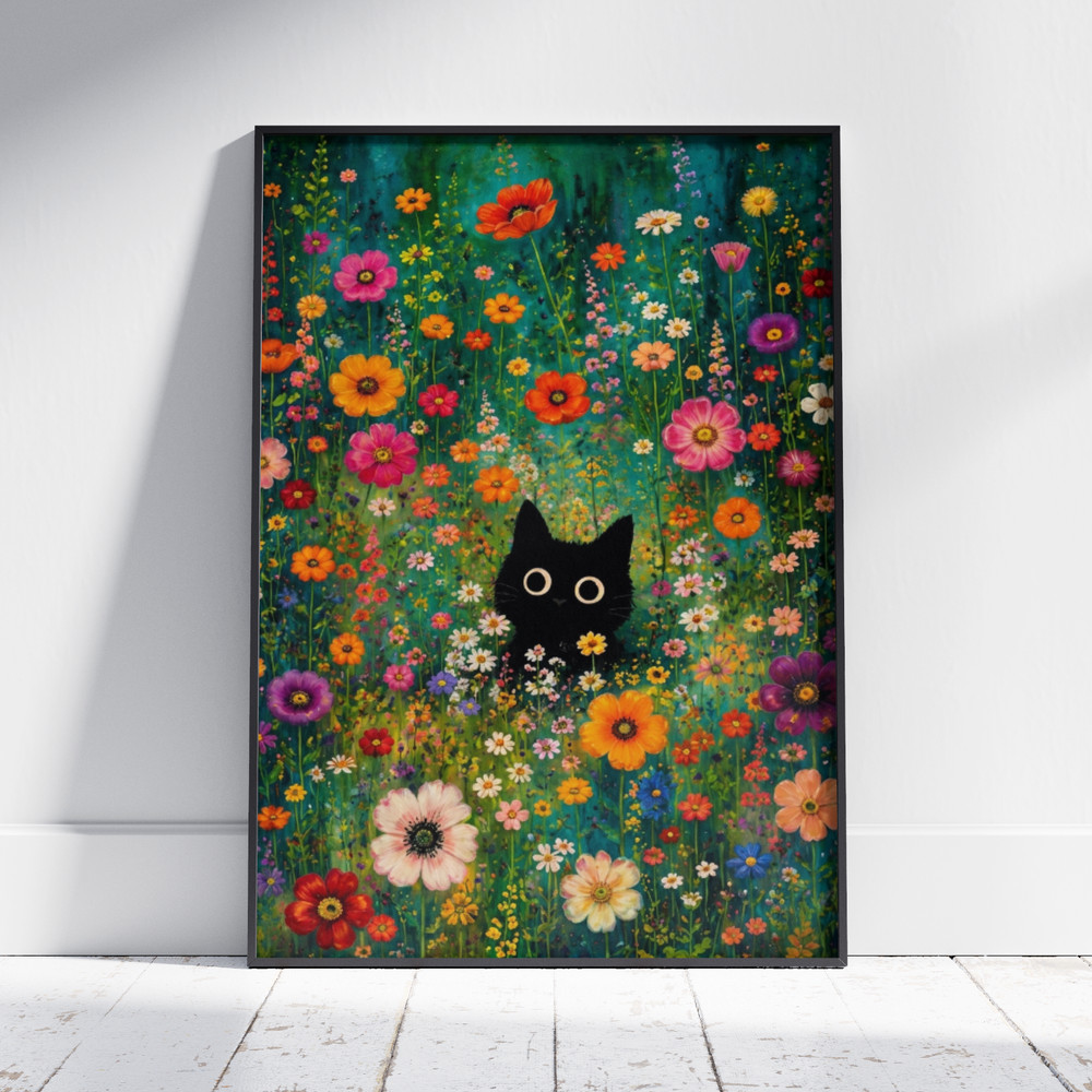 Cute Black Cat Wildflower Poster – Colorful Floral Garden Wall Art Decor Print