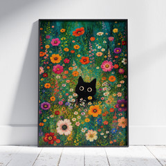 Cute Black Cat Wildflower Poster – Colorful Floral Garden Wall Art Decor Print