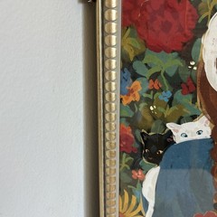 Sapna Shah Woman w/ Cats on Head & Shoulders Garden Party Floral Redhead Cat Art