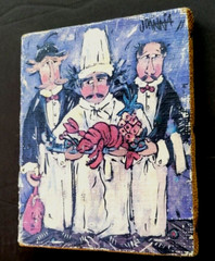 Joanna CHEF’S SPECIAL Lobster Dinner Signed Artwork Mounted on Burlap & Wood Art