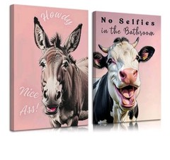 2pcs Funny Bathroom Animals Canvas Wall Art Pink Humor Cow Donkey Toilet Wall…