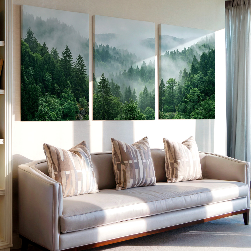 3 Pieces Serene Misty Forest Lush Greenery Green Large Wall Art for Set Of 3
