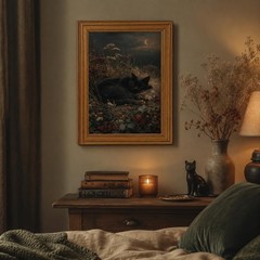 Black Cat Wall Art Decor, Vintage Gold Framed Sleeping Cat Canvas Print, Dark…