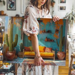 Wall Art Canvas a Vibrant Bohemian Desert Scene Showing a Rustic Turquoise