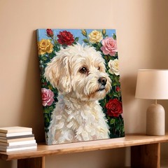 Wall Art White Dog Portrait with Roses Floral Oil Painting Style Canvas Print