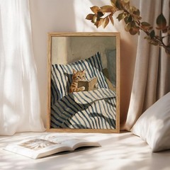 Wooden Framed Canvas Wall Art Cute Animal Book Lover Blue and White Posters P…