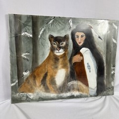 SIGNED Native American Girl And Lion Nature Painting On Ceramic Tile 16×12 in