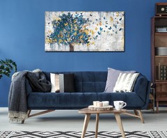 Large Canvas Wall Art Blue Tree Golden Butterflies Picture Abstract Grey Graf…