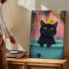 Bathtub Surprise Cat Canvas Funny Black Cat & Duck Retro Bathroom Art Some Wall