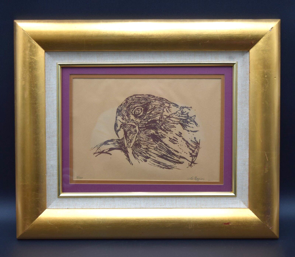 INK DRAWING OF HAWK SIGNED ROGERS? LE 3/100 17-3/4″ X 14-3/4″ GOLD COLORED FRAME