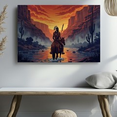 Native American Warrior on Horseback Canvas Wall Art Desert Sunset Print Decor