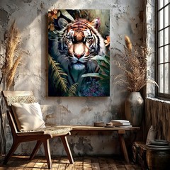 Wall Art Tiger Face Portrait Jungle Botanical Wildlife Home Art Large Print