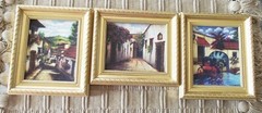 (3) MINIATURE VILLAGE ACRYLIC PRINTS TEXTURED CANVAS GOLD FRAME DECORATIVE ART
