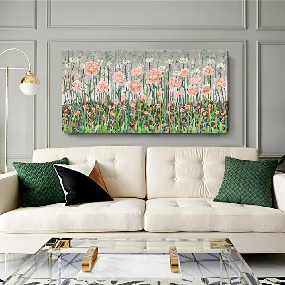 Large Pink Green Wildflower Canvas Art for Living Room – 48×24 Inches