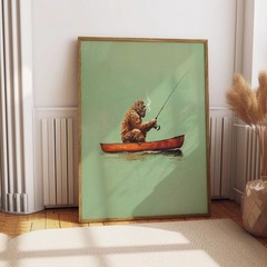Bigfoot Fishing Canoe Poster Funny Sasquatch Cabin Wall Art Gift for Dad
