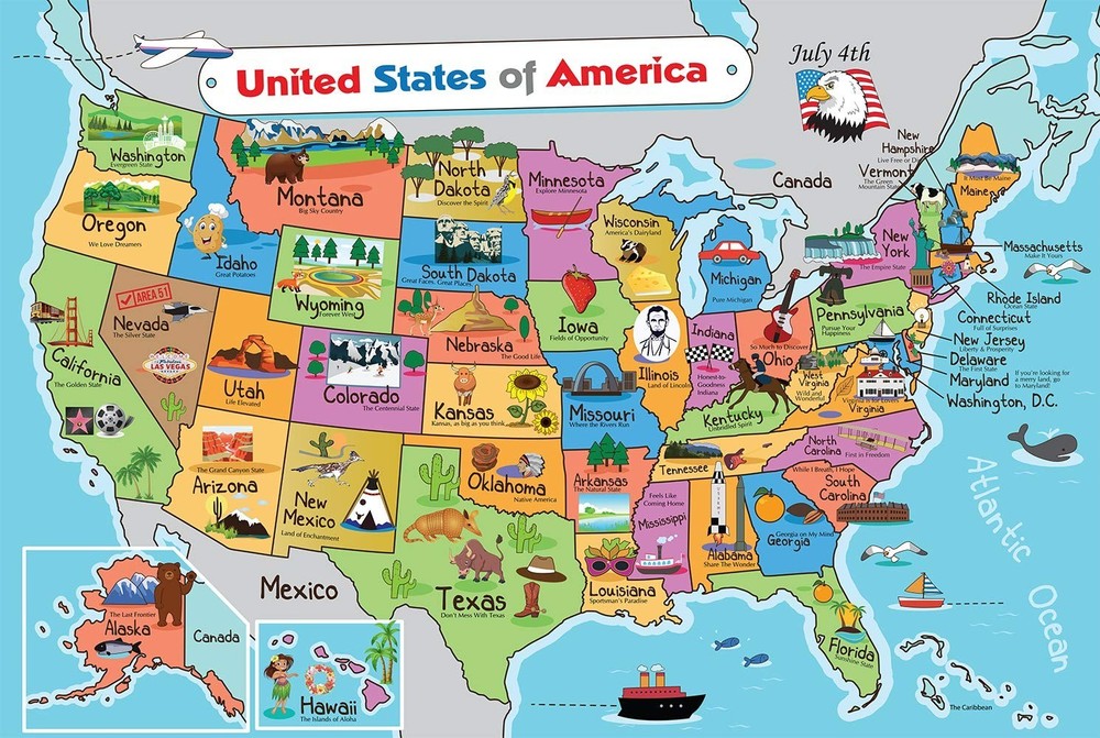 Kids United States Map | Wall Poster 13″ X 19″ US Map Premium Paper | 50 USA Sta