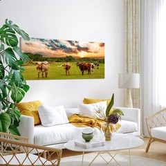 Texas Animal Canvas Wall Art Longhorn Canvas Pictures Highland Cattle in Sunset