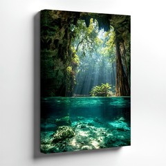 Canvas Tropical Cave Cenote Crystal Clear Water Sun Rays Nature Large Print