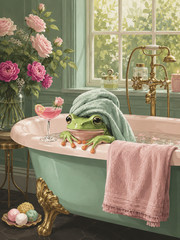 Funny Frog in Bathtub Poster Whimsical Cute Animal Art Print Bathroom Wall Decor