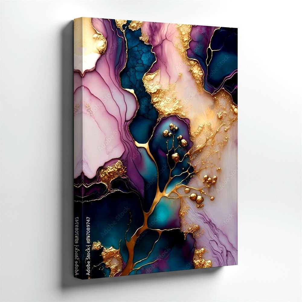 Wall Art Abstract Alcohol Ink Gold Foil Purple Teal Marble Canvas Print Decor