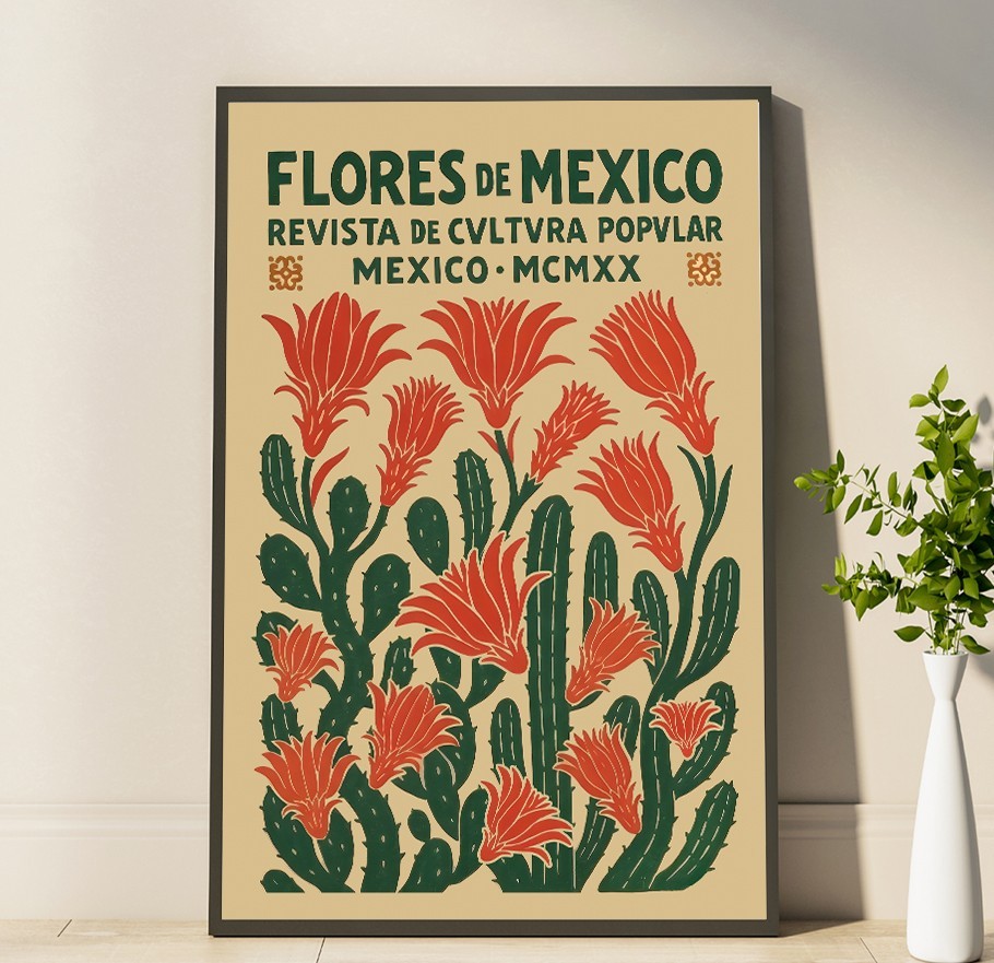 Flores De Mexico Wall Art, Mexican Folk Art Print, Vintage Botanical Poster