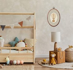 Vintage Golden Retriever Nursery Oval Wall Art, Grey Striped Hot Air Balloon …