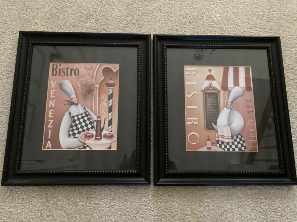 PAIR KIRKLANDS FAT CHEF ITALIAN FRENCH BISTRO 18″ X 14″ FRAMED PICTURES NEW (2)