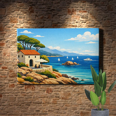 Sailboats Cliff Coastal Cottage Scene Framed Canvas Decor 24x16inch