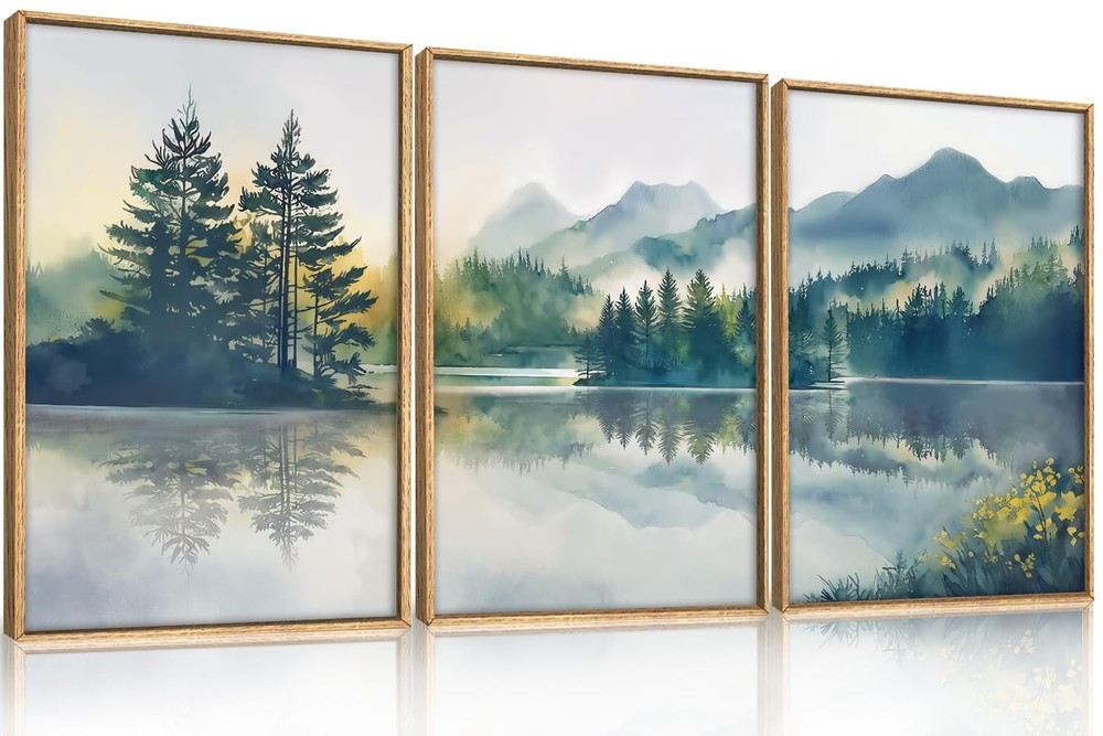Large Green Mountain Framed Canvas Wall Art Set, Nature Foggy Forest Lake Ref…