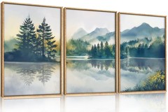 Large Green Mountain Framed Canvas Wall Art Set, Nature Foggy Forest Lake Ref…