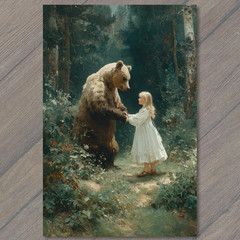 Art Print Fairy Tale Girl Holding Hands Bear Forest