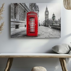 Red London Telephone Booth Canvas Wall Art with Big Ben Black and White Print