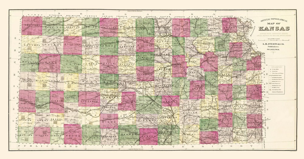 Historic State Map – Kansas – Everts 1887 – Vintage Wall Art