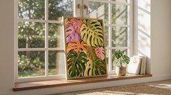 Vibrant Tropical Plant Art Print Variegated Monstera Leaf Poster Boho Wall Decor