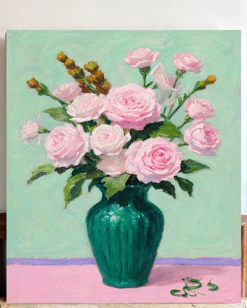 Pink Rose Bouquet Canvas Wall Art – Impressionist Floral Oil Painting Print Deco
