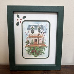 Green Framed Birds Birdhouse Winter Scene Holiday Decor Holly 8×10