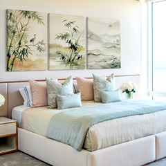 3 Pieces Serene Bamboo Mountain Landscape Soft Tones Large Wall Art Set Of 3