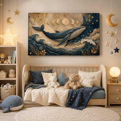Celestial Whale Canvas Wall Art Moon Phase Ocean Nautical Blue Gold Wall Decor